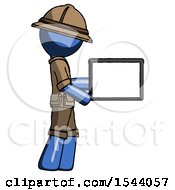 Poster, Art Print Of Blue Explorer Ranger Man Show Tablet Device Computer To Viewer Blank Area