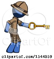 Blue Explorer Ranger Man With Big Key Of Gold Opening Something
