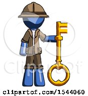 Poster, Art Print Of Blue Explorer Ranger Man Holding Key Made Of Gold