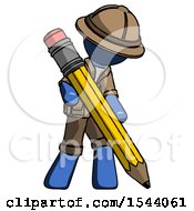 Poster, Art Print Of Blue Explorer Ranger Man Writing With Large Pencil