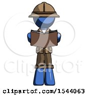 Poster, Art Print Of Blue Explorer Ranger Man Reading Book While Standing Up Facing Viewer