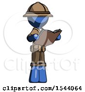 Poster, Art Print Of Blue Explorer Ranger Man Reading Book While Standing Up Facing Away