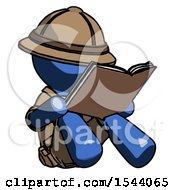 Poster, Art Print Of Blue Explorer Ranger Man Reading Book While Sitting Down