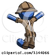 Poster, Art Print Of Blue Explorer Ranger Man Jumping Or Kneeling With Gladness