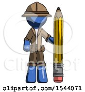 Poster, Art Print Of Blue Explorer Ranger Man With Large Pencil Standing Ready To Write