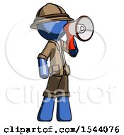 Poster, Art Print Of Blue Explorer Ranger Man Shouting Into Megaphone Bullhorn Facing Right