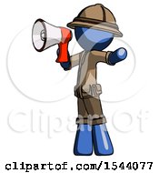 Poster, Art Print Of Blue Explorer Ranger Man Shouting Into Megaphone Bullhorn Facing Left