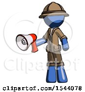 Poster, Art Print Of Blue Explorer Ranger Man Holding Megaphone Bullhorn Facing Right