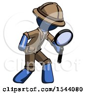 Poster, Art Print Of Blue Explorer Ranger Man Inspecting With Large Magnifying Glass Right