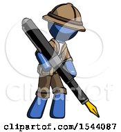 Blue Explorer Ranger Man Drawing Or Writing With Large Calligraphy Pen