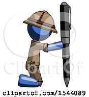 Blue Explorer Ranger Man Posing With Giant Pen In Powerful Yet Awkward Manner