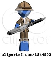 Blue Explorer Ranger Man Posing Confidently With Giant Pen