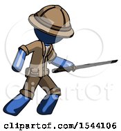 Poster, Art Print Of Blue Explorer Ranger Man Stabbing With Ninja Sword Katana