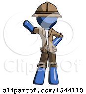Poster, Art Print Of Blue Explorer Ranger Man Waving Right Arm With Hand On Hip