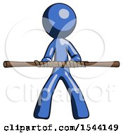 Blue Design Mascot Man Bo Staff Kung Fu Defense Pose