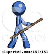 Poster, Art Print Of Blue Design Mascot Man Holding Bo Staff In Sideways Defense Pose