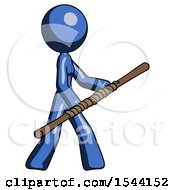 Poster, Art Print Of Blue Design Mascot Woman Holding Bo Staff In Sideways Defense Pose