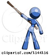 Blue Design Mascot Woman Bo Staff Pointing Up Pose