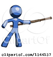 Blue Design Mascot Man Bo Staff Pointing Right Kung Fu Pose
