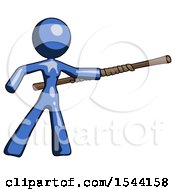 Poster, Art Print Of Blue Design Mascot Woman Bo Staff Pointing Right Kung Fu Pose
