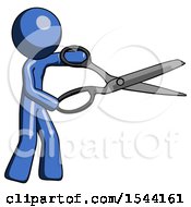 Blue Design Mascot Man Holding Giant Scissors Cutting Out Something