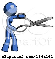 Blue Design Mascot Woman Holding Giant Scissors Cutting Out Something