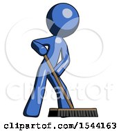 Blue Design Mascot Man Cleaning Services Janitor Sweeping Floor With Push Broom