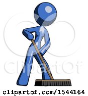 Poster, Art Print Of Blue Design Mascot Woman Cleaning Services Janitor Sweeping Floor With Push Broom