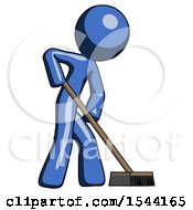 Poster, Art Print Of Blue Design Mascot Man Cleaning Services Janitor Sweeping Side View