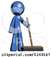 Blue Design Mascot Man Standing With Industrial Broom