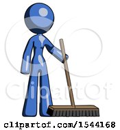 Blue Design Mascot Woman Standing With Industrial Broom