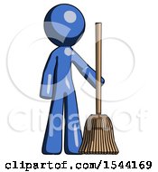 Blue Design Mascot Man Standing With Broom Cleaning Services