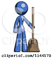 Blue Design Mascot Woman Standing With Broom Cleaning Services