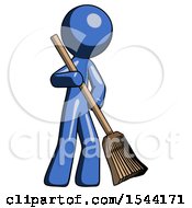 Blue Design Mascot Man Sweeping Area With Broom