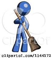 Blue Design Mascot Woman Sweeping Area With Broom