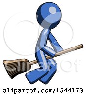 Blue Design Mascot Man Flying On Broom