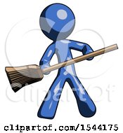 Blue Design Mascot Man Broom Fighter Defense Pose