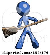 Blue Design Mascot Woman Broom Fighter Defense Pose