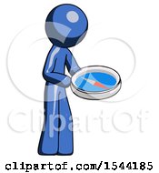 Blue Design Mascot Man Looking At Large Compass Facing Right