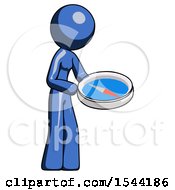 Poster, Art Print Of Blue Design Mascot Woman Looking At Large Compass Facing Right