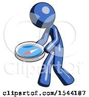 Poster, Art Print Of Blue Design Mascot Man Walking With Large Compass