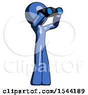 Poster, Art Print Of Blue Design Mascot Man Looking Through Binoculars To The Right