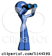 Poster, Art Print Of Blue Design Mascot Woman Looking Through Binoculars To The Right