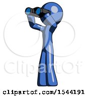Blue Design Mascot Man Looking Through Binoculars To The Left