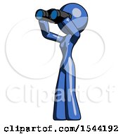 Blue Design Mascot Woman Looking Through Binoculars To The Left