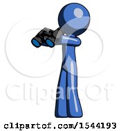 Blue Design Mascot Man Holding Binoculars Ready To Look Left