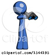 Blue Design Mascot Man Holding Binoculars Ready To Look Right