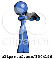 Blue Design Mascot Woman Holding Binoculars Ready To Look Right