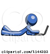 Poster, Art Print Of Blue Design Mascot Man Using Laptop Computer While Lying On Floor Side View