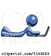 Blue Design Mascot Woman Using Laptop Computer While Lying On Floor Side View